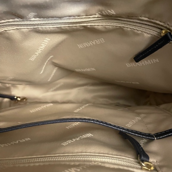 Brahmin Marlowe Navy Anguilla Straw Stripe Smooth Leather Drawstring Bucket Bag - Picture 5 of 5